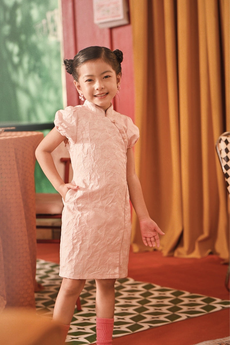 The Spring Dawn Puff Sleeve Cheongsam Dress - Pink Floral Jacquard