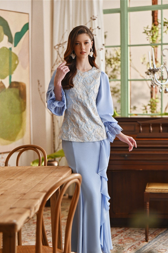 The Glow Women Glossy Kurung Set - Blue Carnation