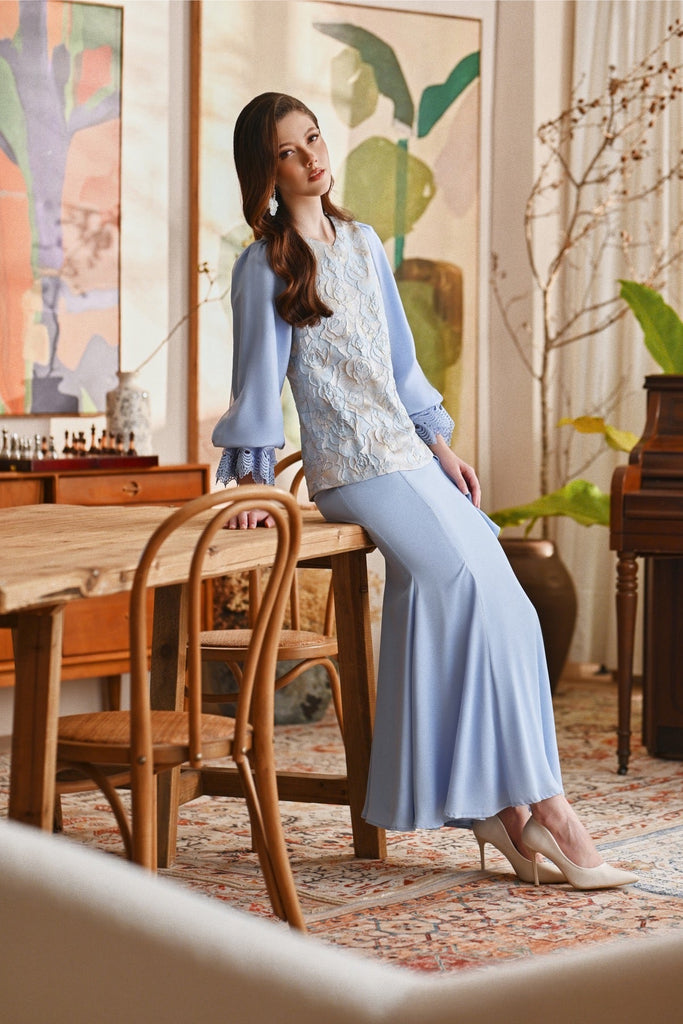 The Glow Women Glossy Kurung Set - Blue Carnation
