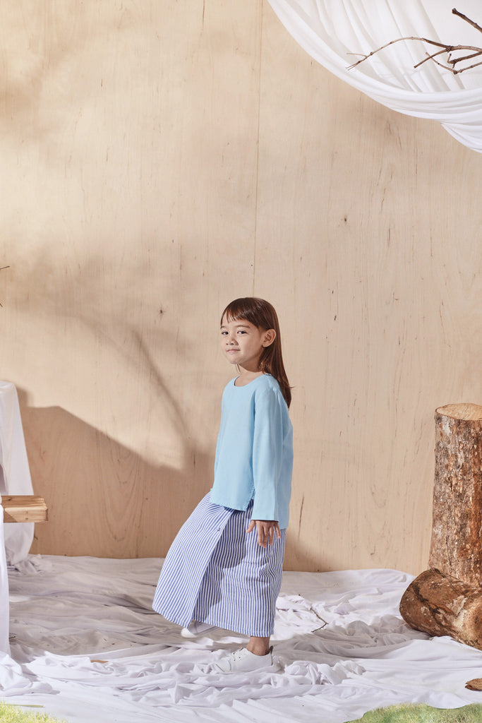 Light Blue Blouse with Oxford Stripe Folded Skirt