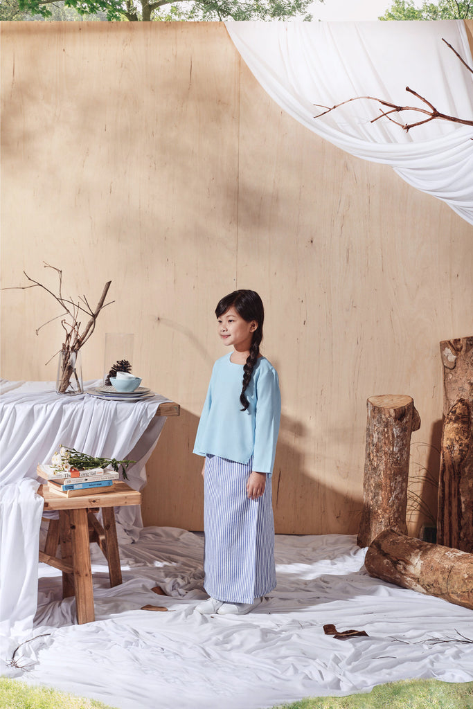 Oxford Stripe Folded Skirt with Light Blue Blouse