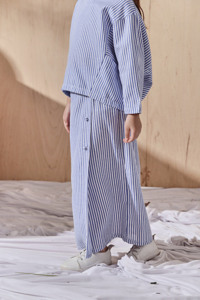 Oxford Stripe Top Blouse with Folded Skirt