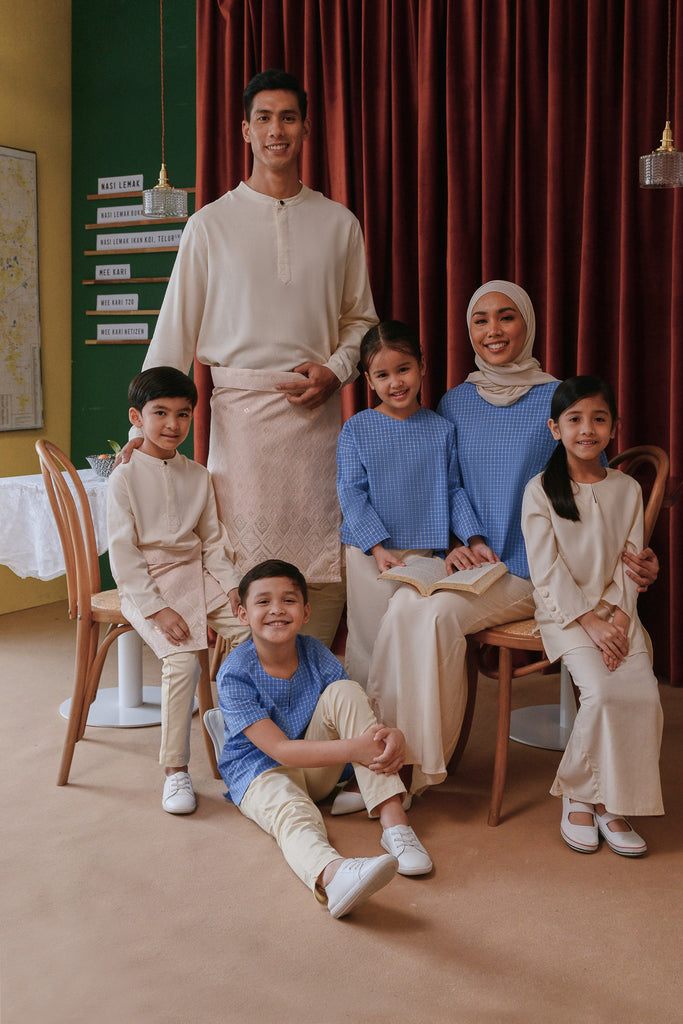 set baju raya sedondon keluarga biru cream