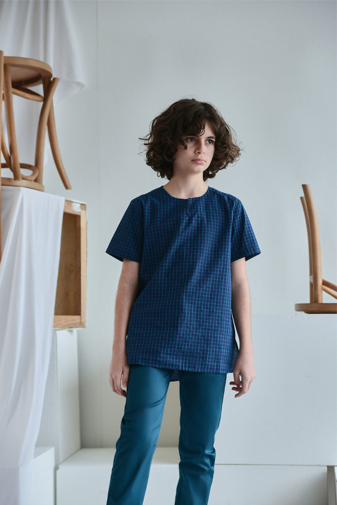 kurta budak cotton biru