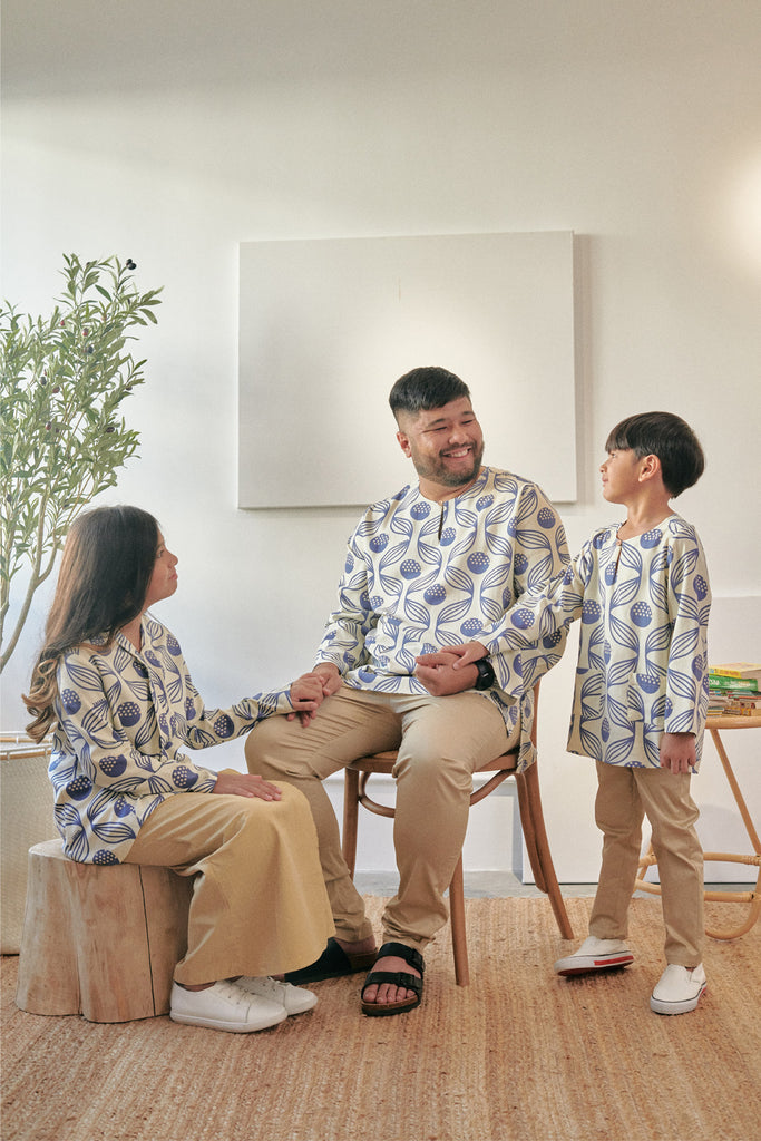set baju raya keluarga biru beige