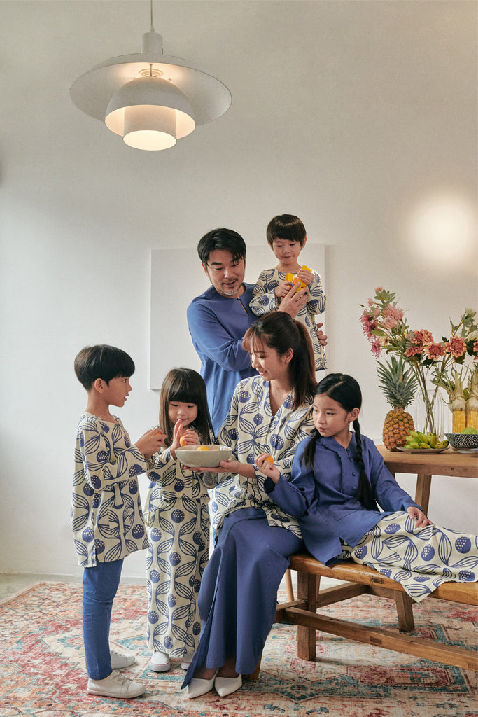 set baju raya sedondon keluarga biru putih
