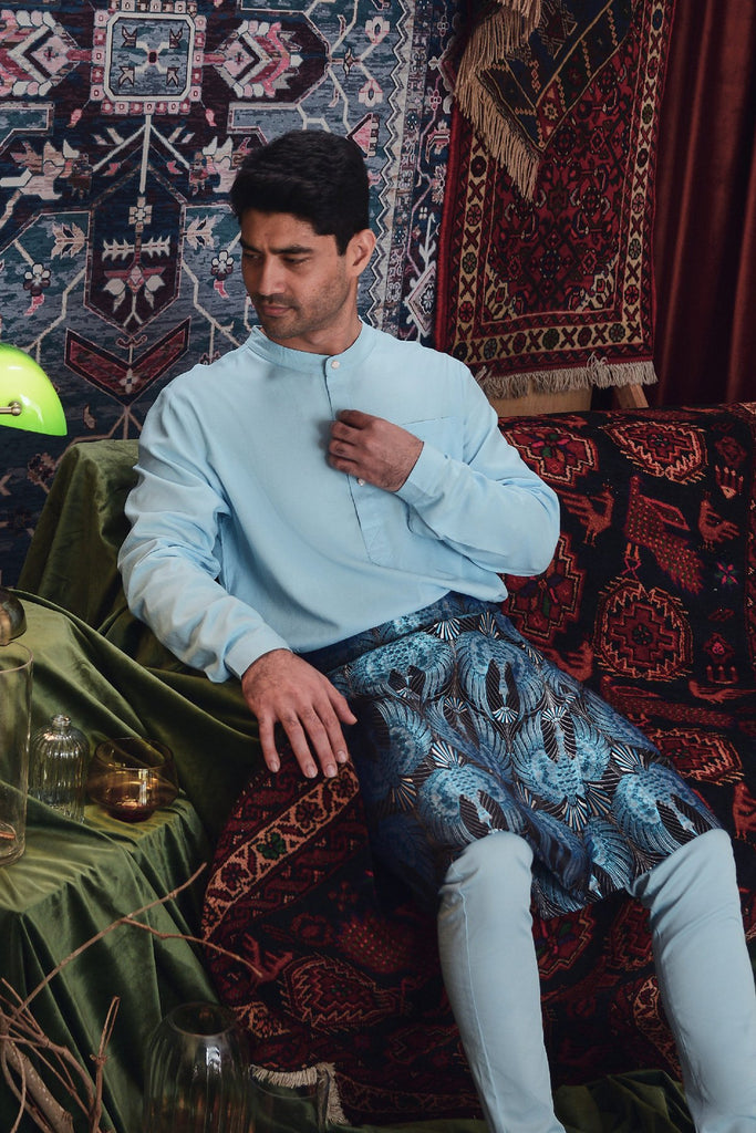 baju melayu sampin biru sepasang