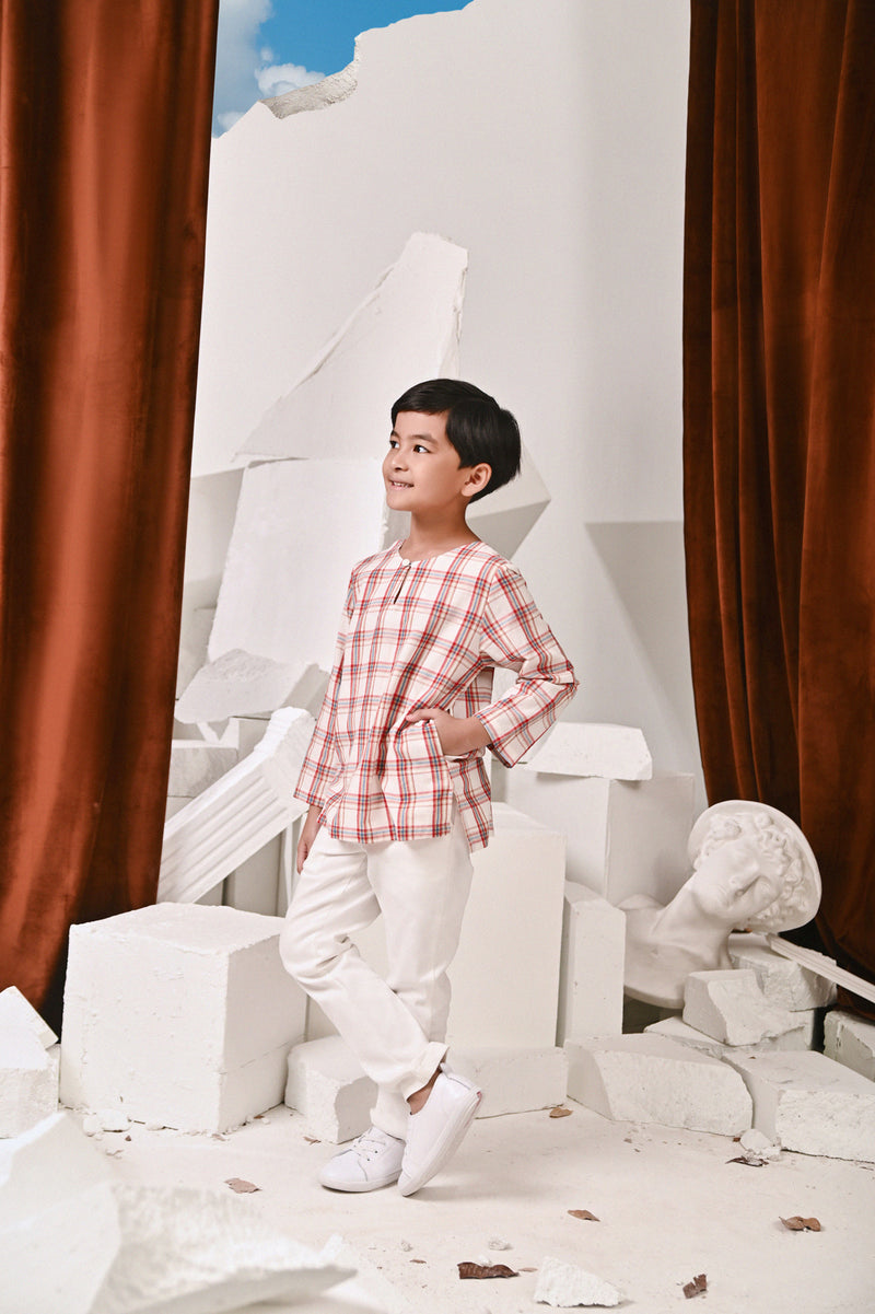 kurta cotton poket bercorak kotak budak