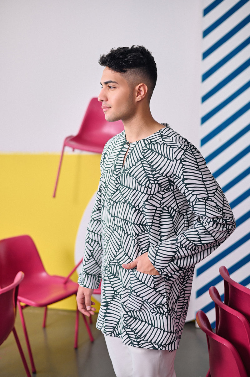 kurta cotton bercorak daun dewasa