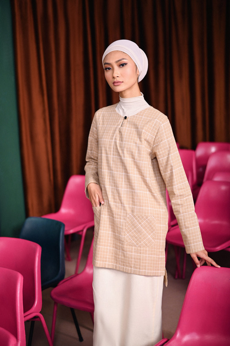 kurti cotton bercorak khaki dewasa