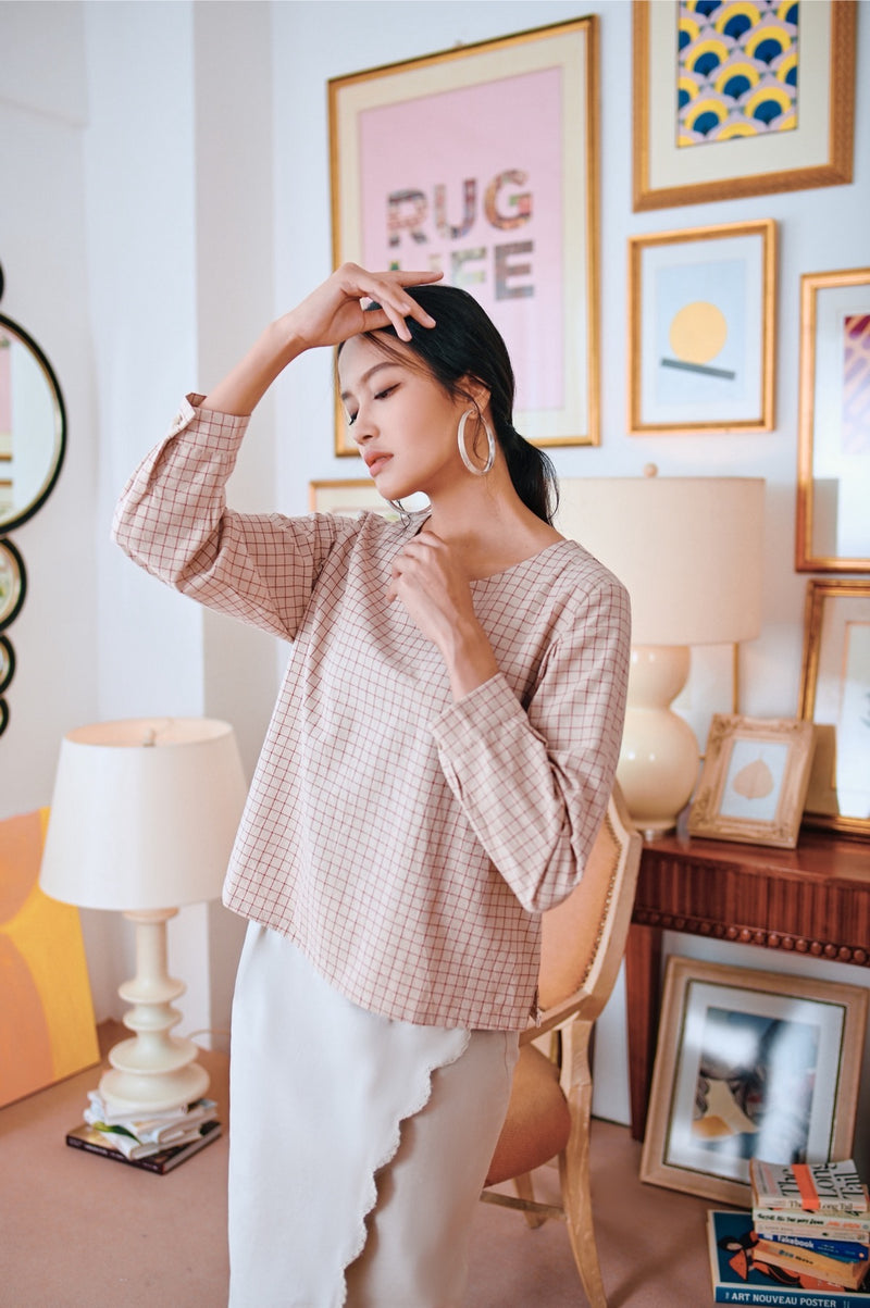 The Narik Women Boat Neck Blouse - Red Checked