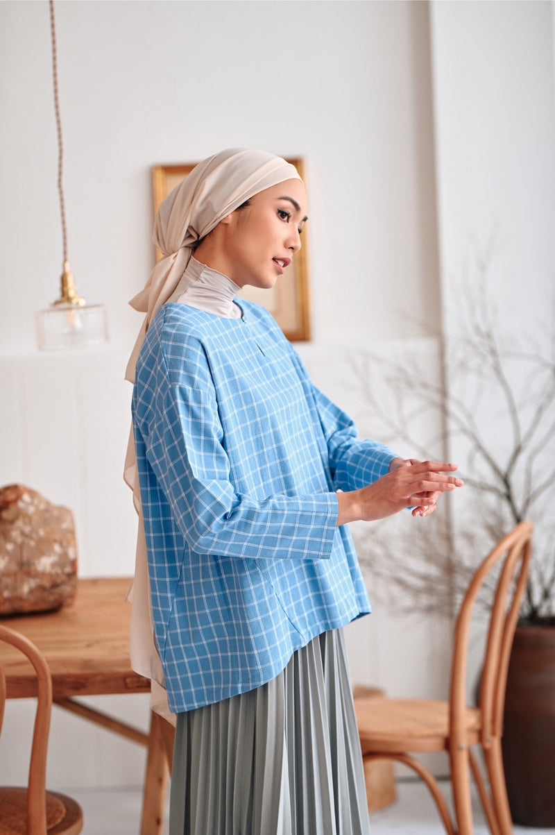 blouse petak biru cair dewasa