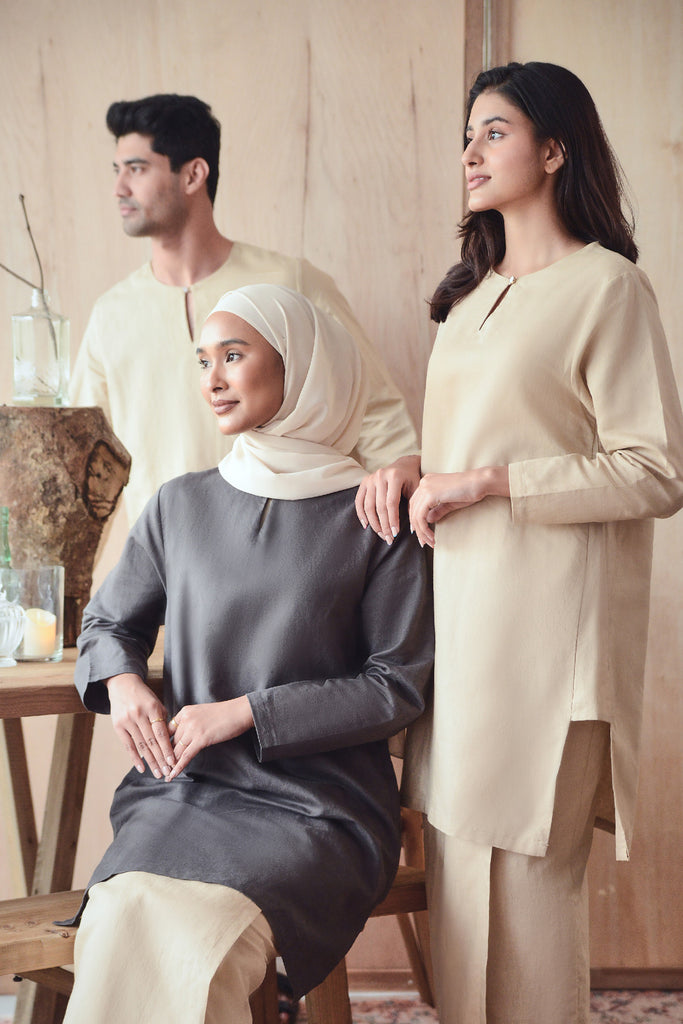 set baju raya sedondon keluarga beige khaki