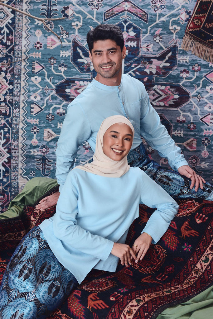 set baju raya sedondon biru suami isteri
