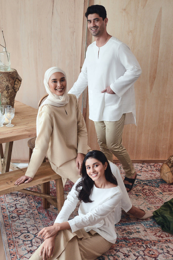 sedondon raya baju kurung kurta putih beige