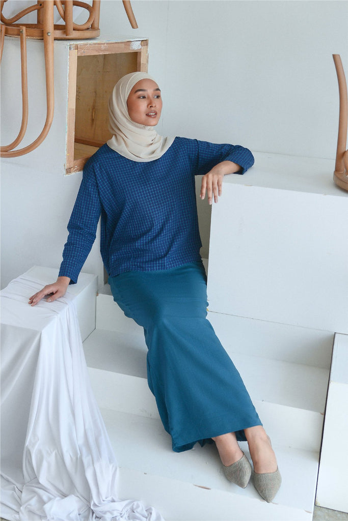 set baju raya wanita bercorak biru
