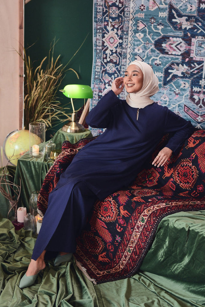 set baju kurung biru gelap