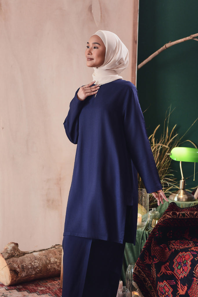 set baju kurung cotton biru gelap