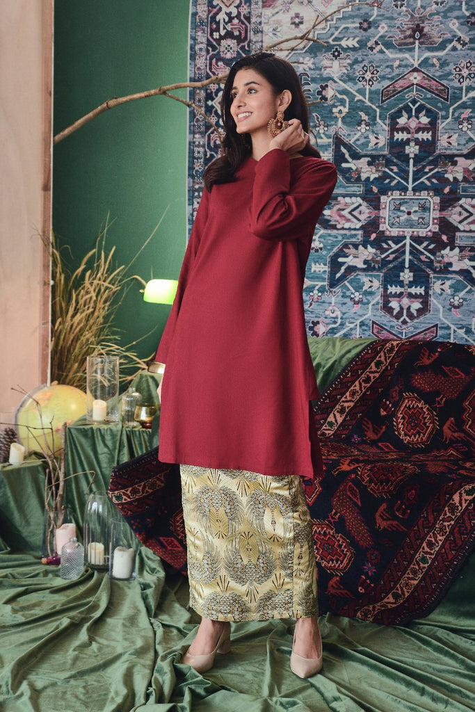 set baju kurung merah gold