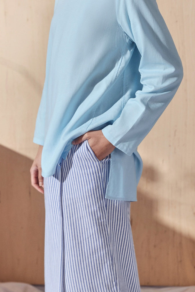 Skirt Lipat Butang Bergaris Oxford