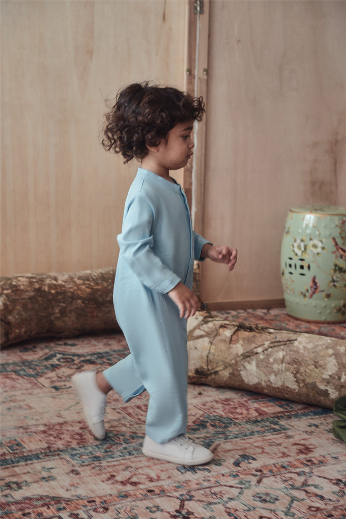 baju raya jumpsuit biru terang