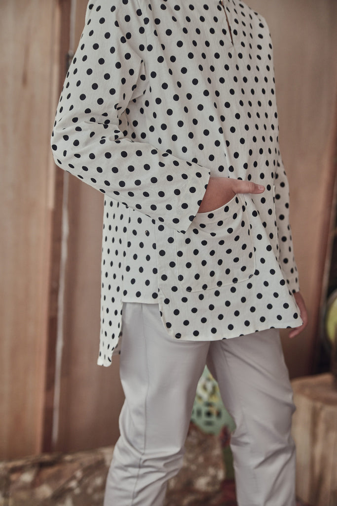 kurta teluk belanga corak polka dot