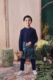 baju melayu kids navy blue with jacquard sampin
