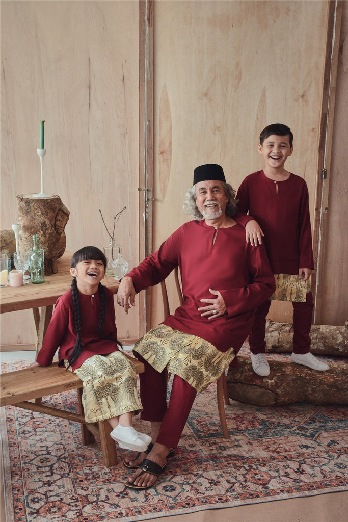 set baju raya bapa dan anak maroon