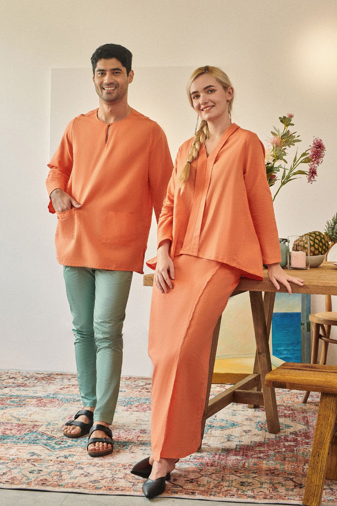 set sedondon baju raya orange suami isteri