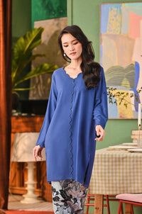 The Capai Women Broderie Kurung Top - Steel Blue