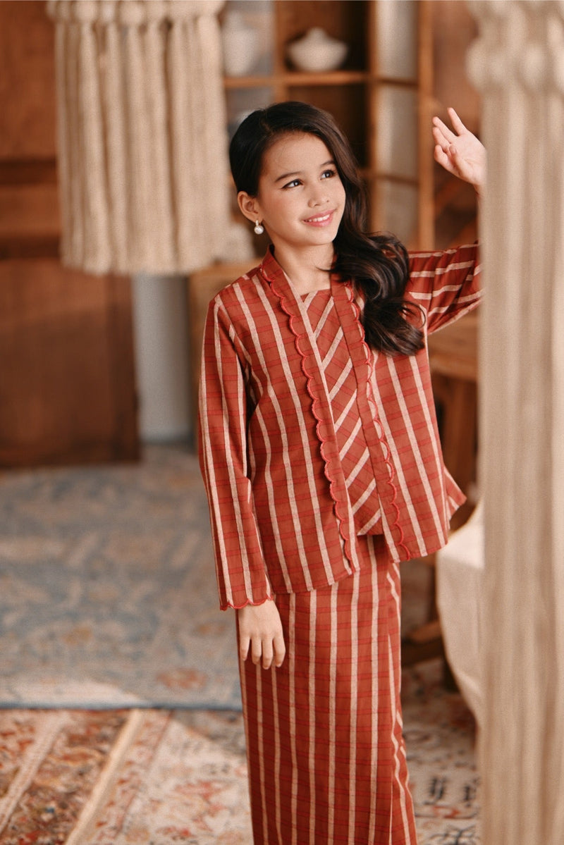 The Bay Broderie Kebaya Top - Terracotta Checked