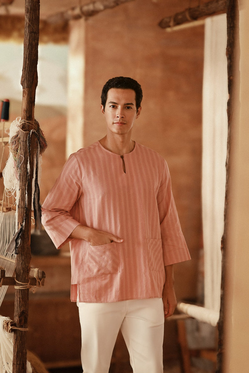 The Asal Kita Men 3/4 Sleeve Kurta - Peach Grain