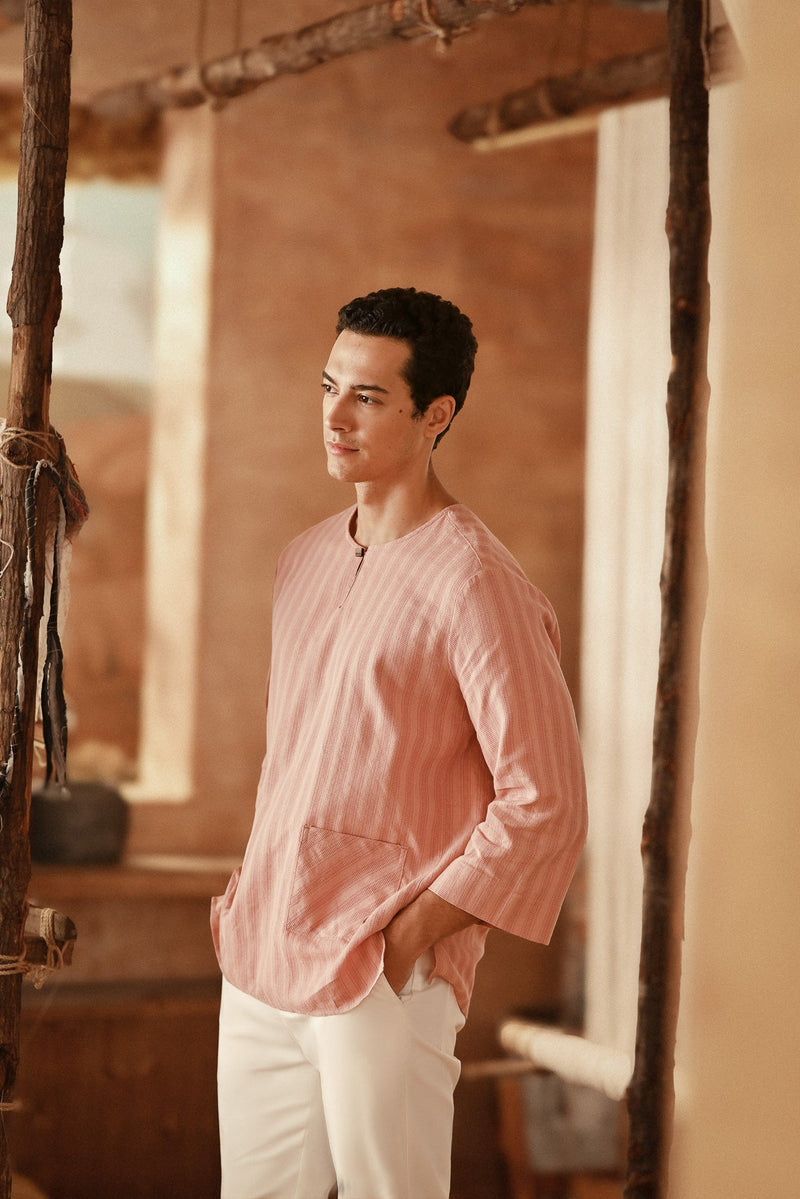 The Asal Kita Men 3/4 Sleeve Kurta - Peach Grain