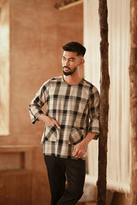 The Asal Kita Men 3/4 Sleeve Kurta - Vintage Grid