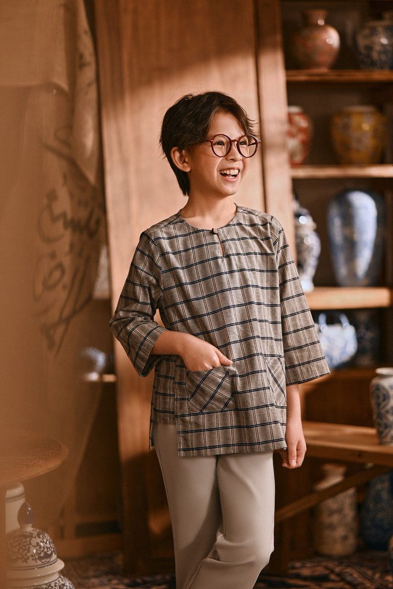 The Hariri 3/4 Sleeve Kurta - Slate Grid