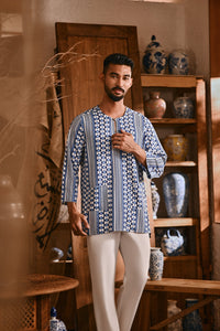 The Hariri Men 3/4 Sleeve Kurta - Blue Borneo