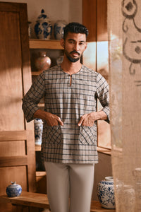 The Hariri Men 3/4 Sleeve Kurta - Slate Grid