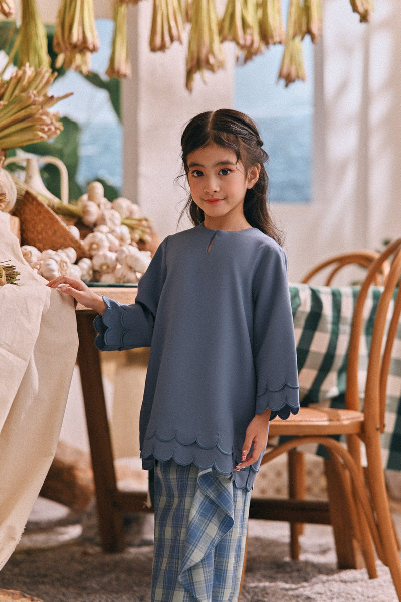 The Courtyard Layered Broderie Kurung Top - Coronet Blue