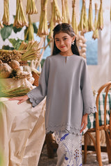 The Courtyard Layered Broderie Kurung Top - Stone Grey