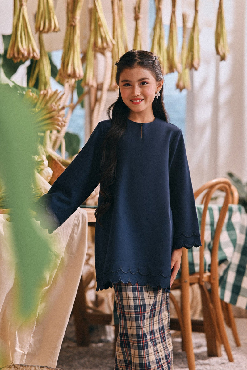 The Courtyard Layered Broderie Kurung Top - Navy