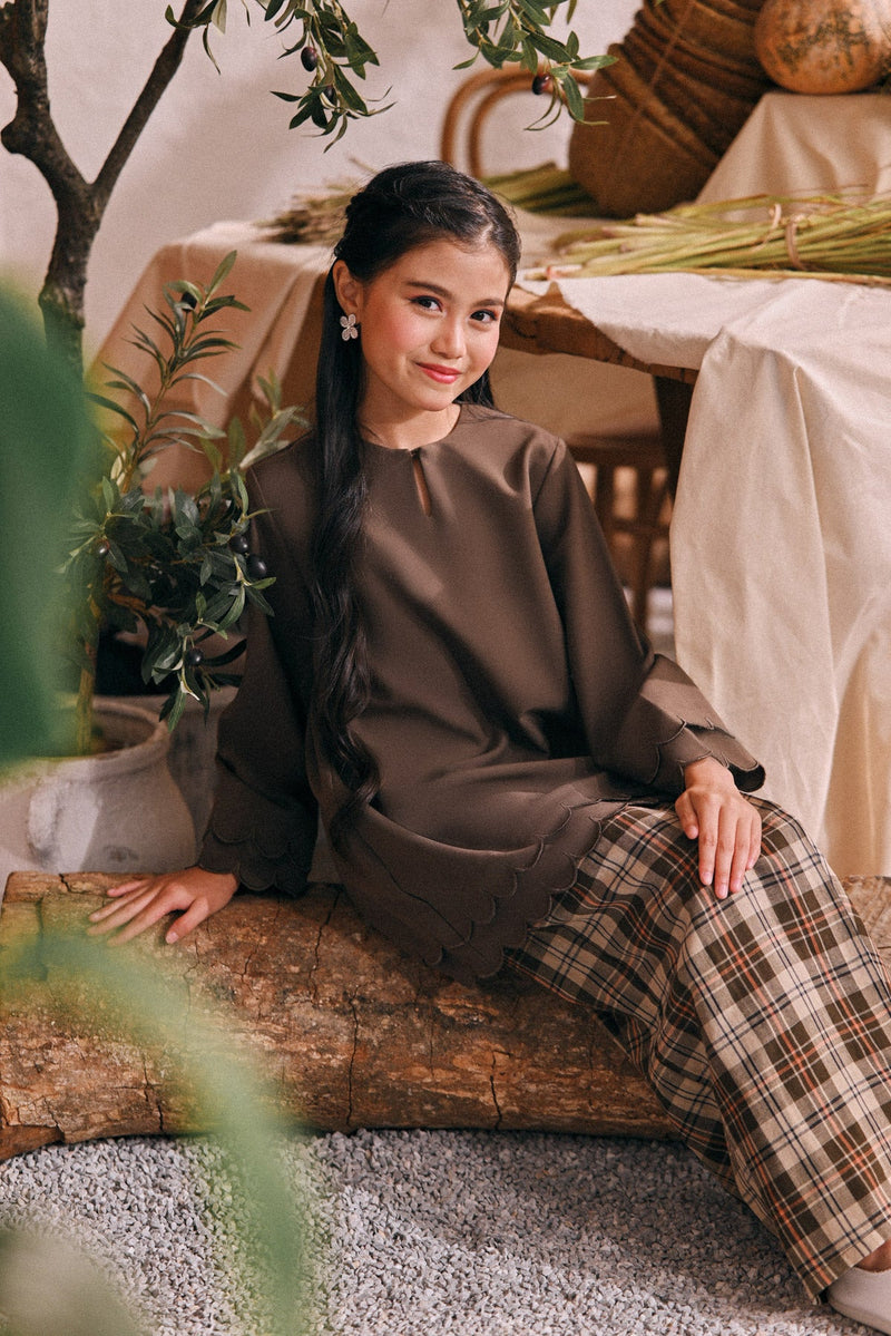 The Courtyard Layered Broderie Kurung Top - Dark Olive