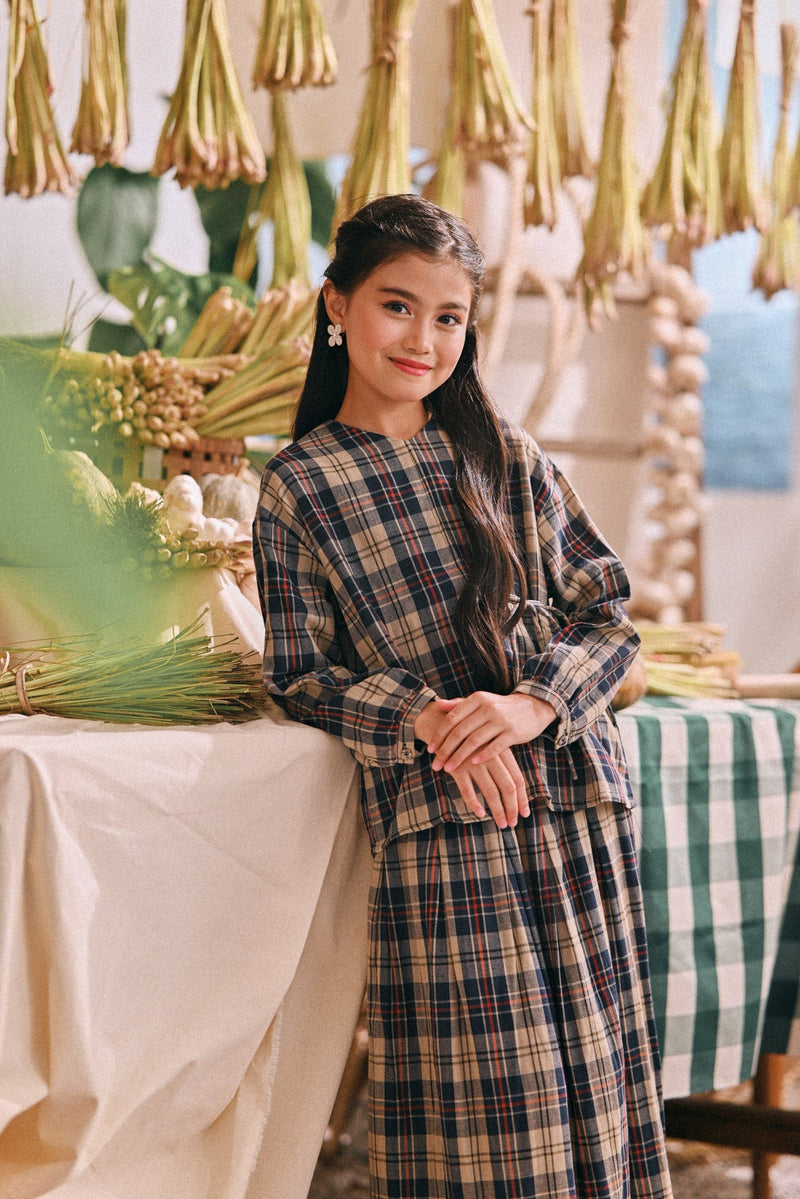 The Courtyard Side Tie Blouse - Navy Plaid