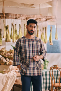 The Courtyard Men 3/4 Sleeve Kurta - Navy Plaid