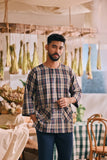 The Courtyard Men 3/4 Sleeve Kurta - Navy Plaid