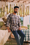 The Courtyard Men 3/4 Sleeve Kurta - Navy Plaid