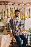 The Courtyard Men 3/4 Sleeve Kurta - Navy Plaid