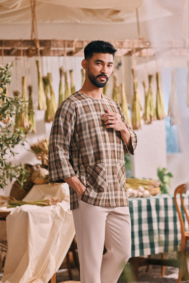 The Courtyard Men 3/4 Sleeve Kurta - Sand Plaid