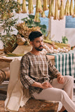 The Courtyard Men 3/4 Sleeve Kurta - Sand Plaid