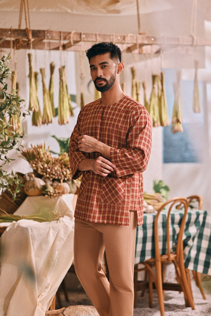 The Courtyard Men 3/4 Sleeve Kurta - Russet Check