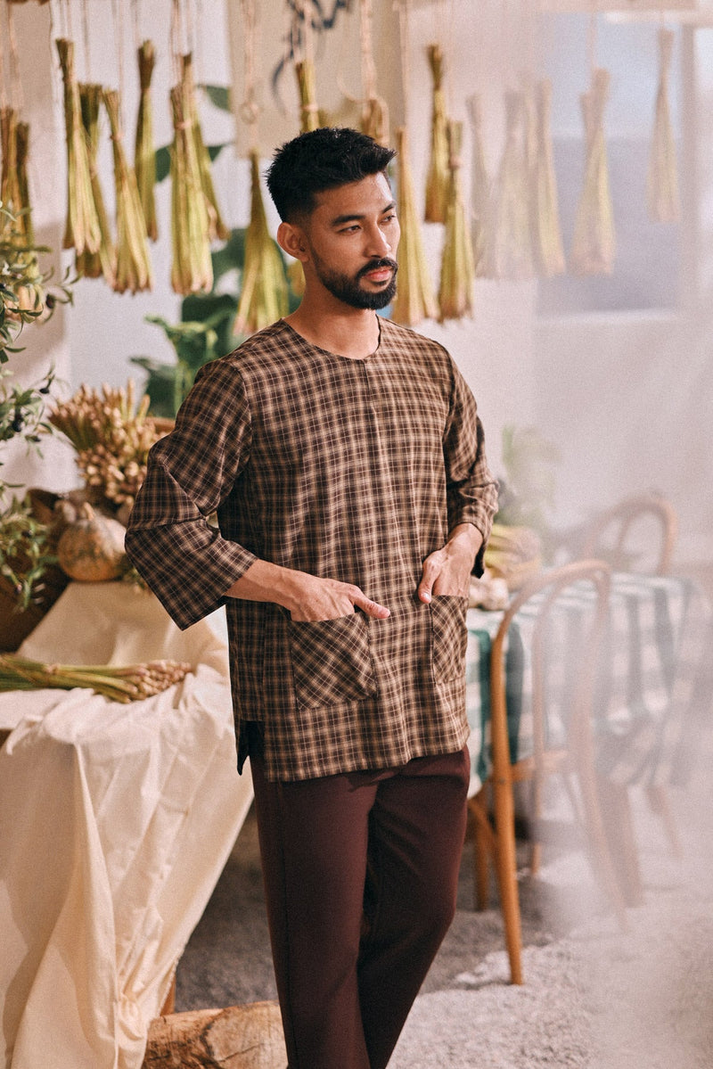 The Courtyard Men 3/4 Sleeve Kurta - Truffle Check